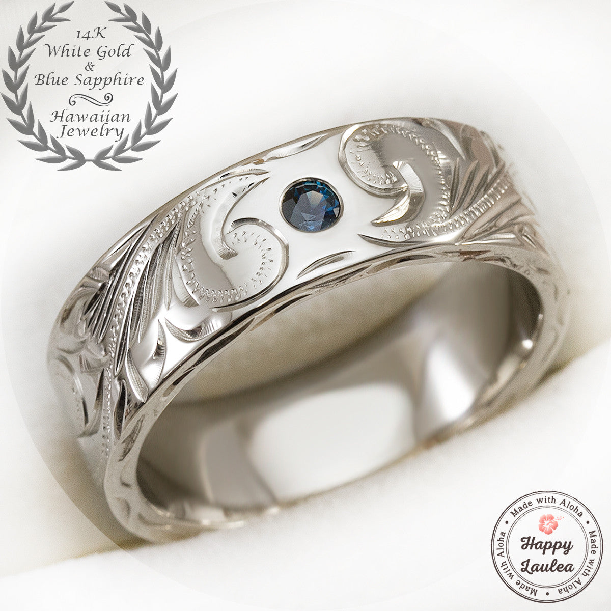 14K White Gold Wedding Ring Hand Engraved Hawaiian Heritage Design with Blue Sapphire Setting - 8x2mm, Flat Shape, Standard Fitment