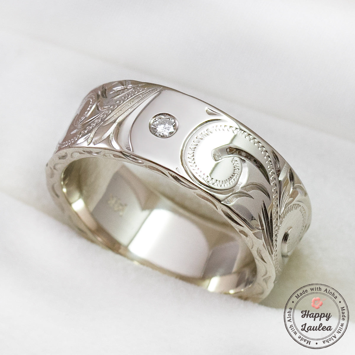 14k White Gold Hand Engraved Hawaiian Heritage Design Ring / 2.7 mm Round Diamond [8x2mm width] Flat Shape, Standard Fitment