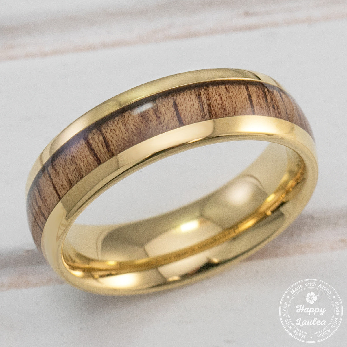 Pair of Tungsten Carbide Gold Plated Rings with Koa Wood Inlay - 6&8mm, Dome Shape, Comfort Fitment