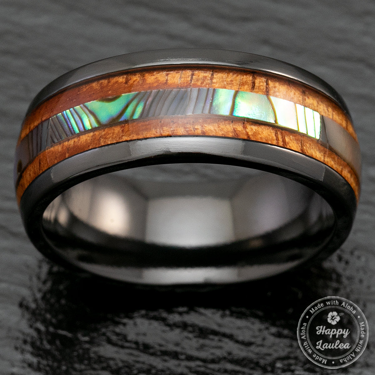 Black Zirconium 8mm Ring with Abalone Shell & Hawaii Koa Wood Inlay - Dome Shape, Comfort Fitment