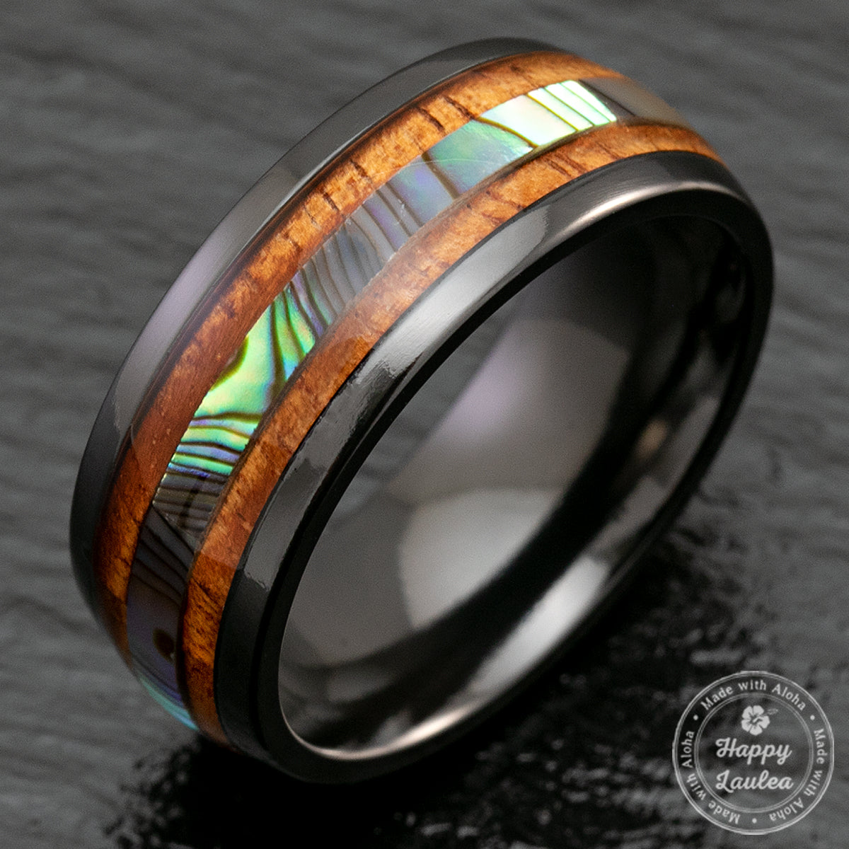 Black Zirconium 8mm Ring with Abalone Shell & Hawaii Koa Wood Inlay - Dome Shape, Comfort Fitment