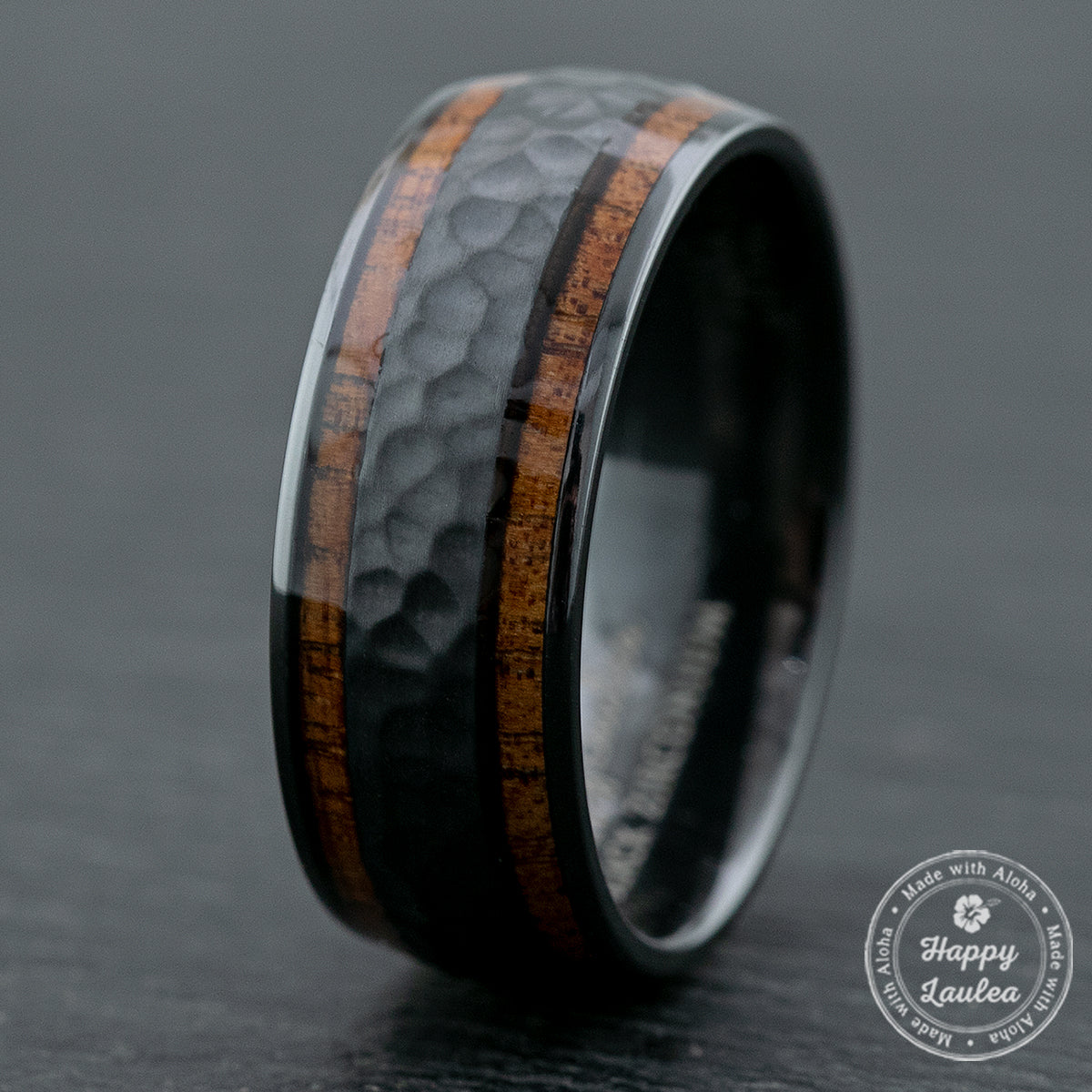 Zirconium Hammered Ring with Hawaiian Koa Wood Duo-Inlay / 8mm / Dome Shape & Comfort Fitment