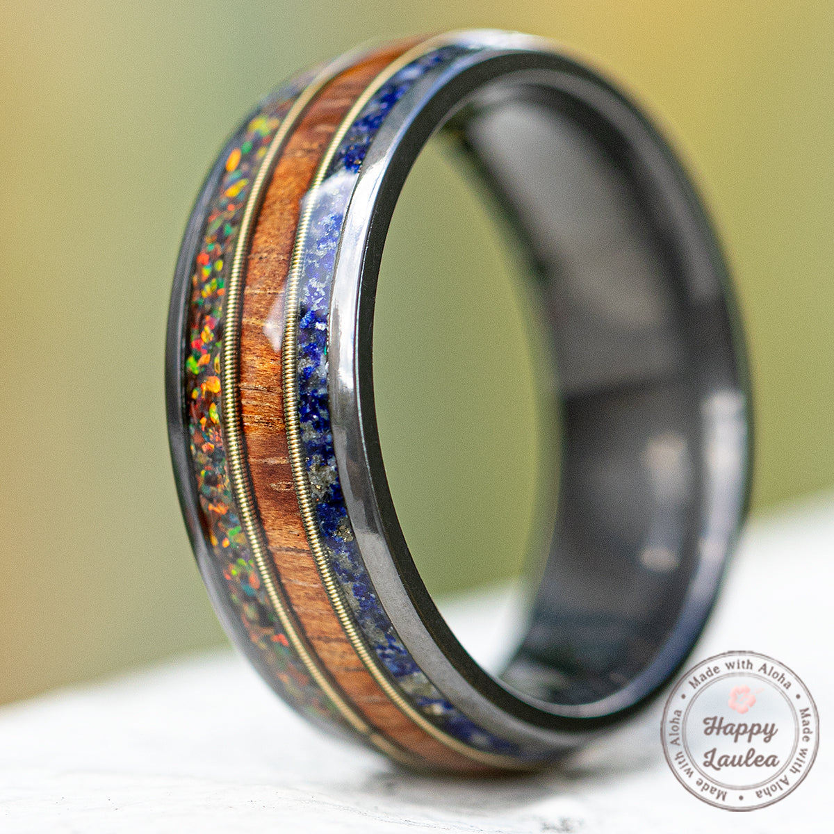 Zirconium with Fire Opal + Hawaiian Koa Wood + Lapis & Mid Guitar String Ring - 8mm, Dome Shape, Comfort Fitment