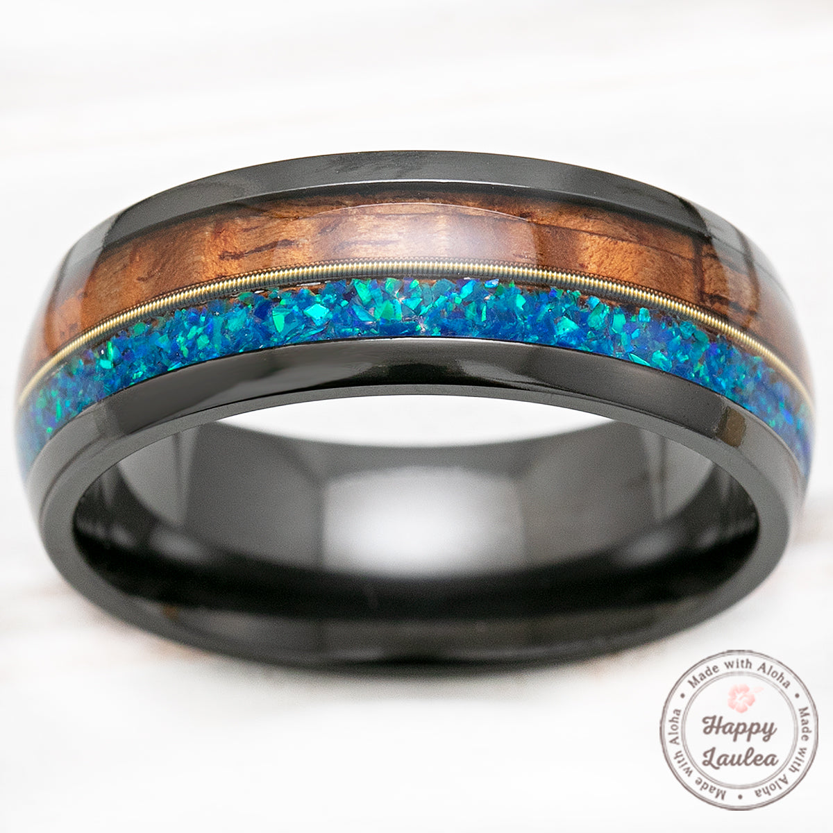 Black Zirconium 8mm Ring with Guitar String, Azure Opal, & Hawaiian Koa Wood - Dome Shape, Comfort Fitment