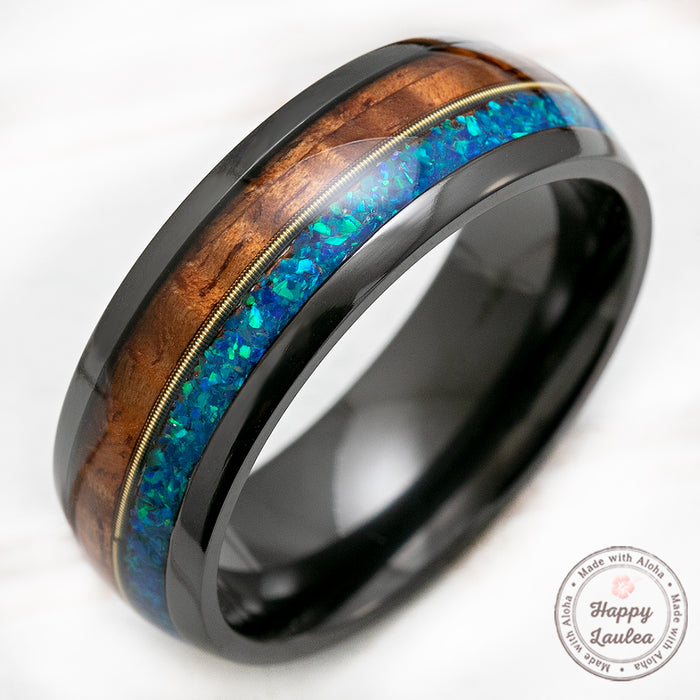 Black Zirconium 8mm Ring with Guitar String, Azure Opal, & Hawaiian Koa Wood - Dome Shape, Comfort Fitment