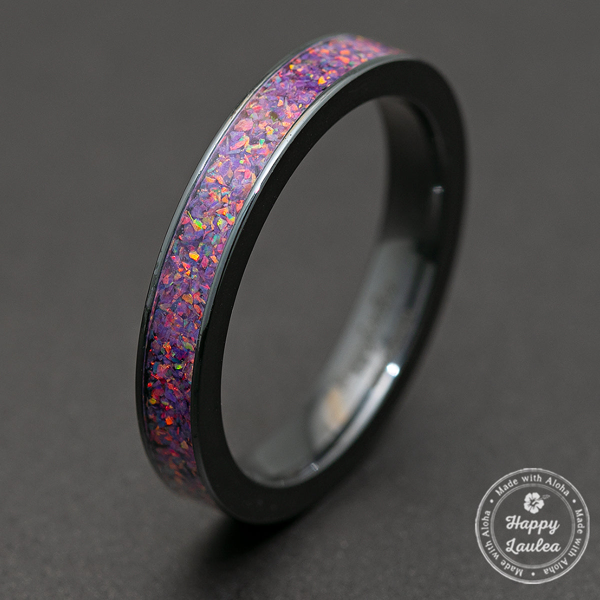 Zirconium Ring with Lavender Fire Opal Inlay / 4mm / Flat Shape / Comfort Fitment