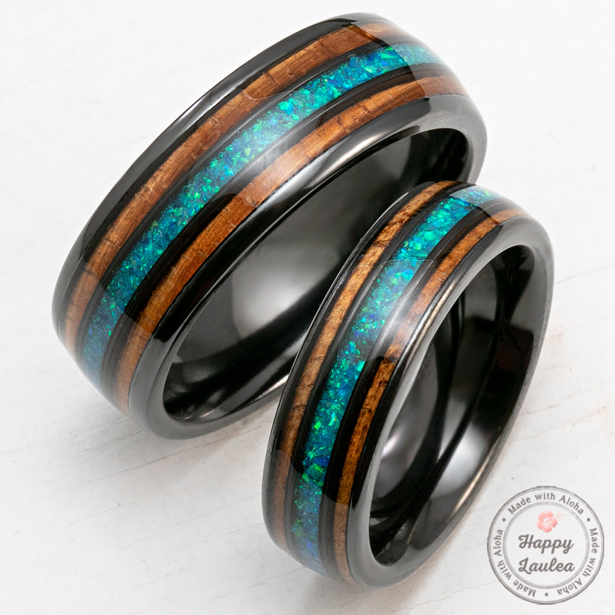 Pair of 6&8mm Zirconium Rings with Azure Blue Opal and Hawaiian Koa Wood Tri-Inlay - Dome Shape, Comfort Fitment